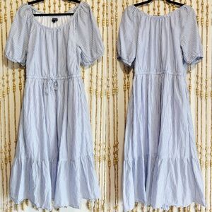 Lane Bryant Blue White Striped Short Sleeve Waist Tie Tiered Scoop Neck Midi 14